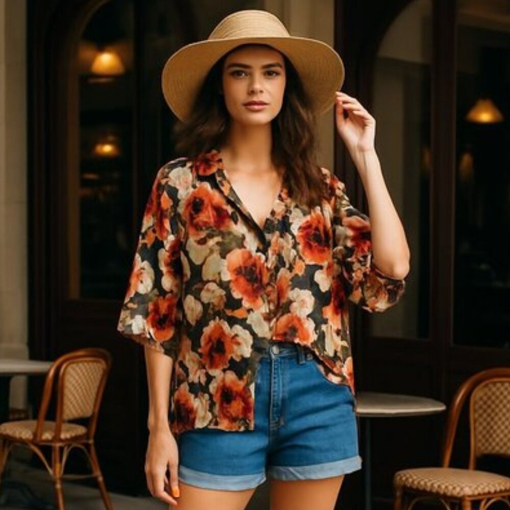 Isaac Mizrahi Womens Floral Y2K Sheer relaxed fit Blouse Size Med
